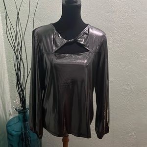 Metallic Grey top with gathered sleeves. Pullover top.